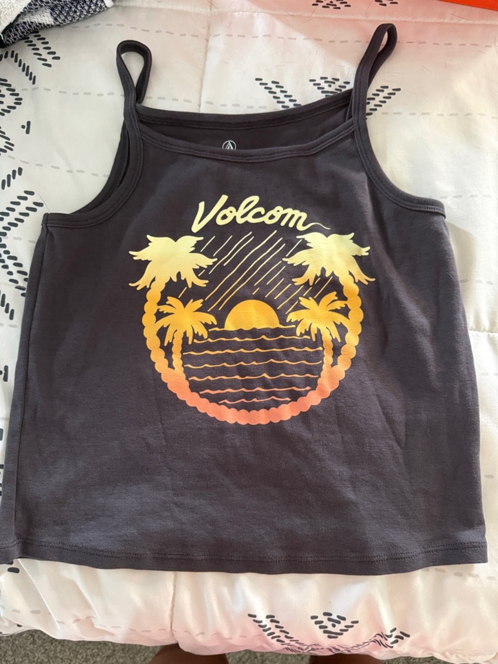 Volcom Charcoal Tank with Yellow-Orange Sunset Palm Graphic